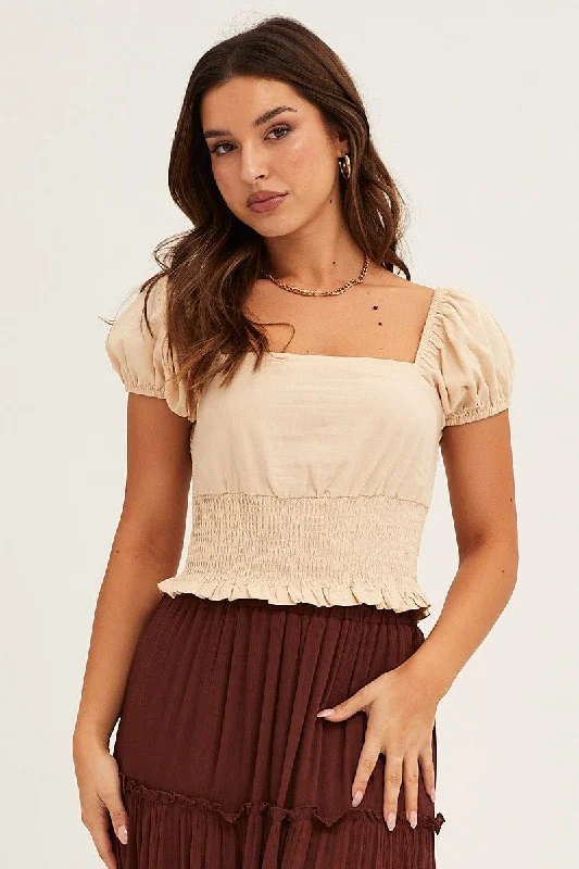 Beige Crop Top Puff Sleeve