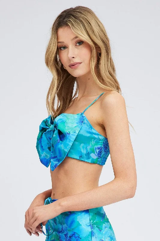 Blue Floral Bow Crop Top Oversized Strappy