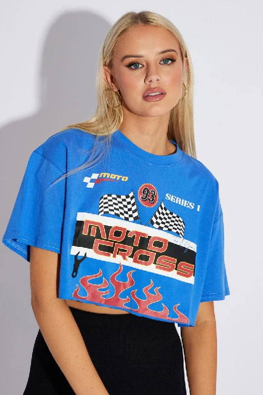 Blue Graphic Tee Motocross Racing Crop Top T-shirt