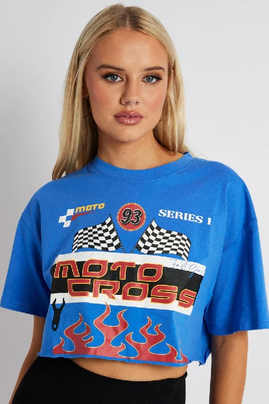 Blue Graphic Tee Motocross Racing Crop Top T-shirt