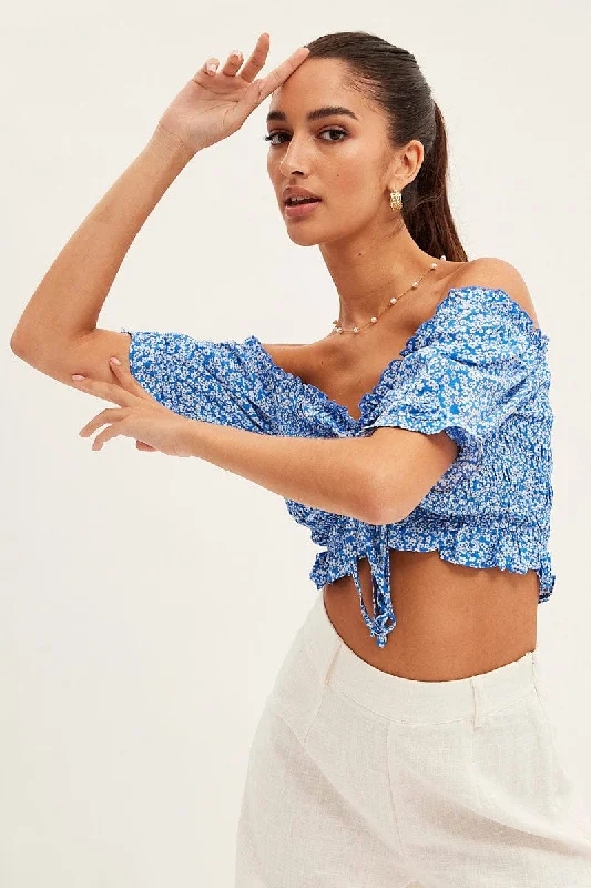 Ditsy Print Shirred Top Short Sleeve Crop Rayon