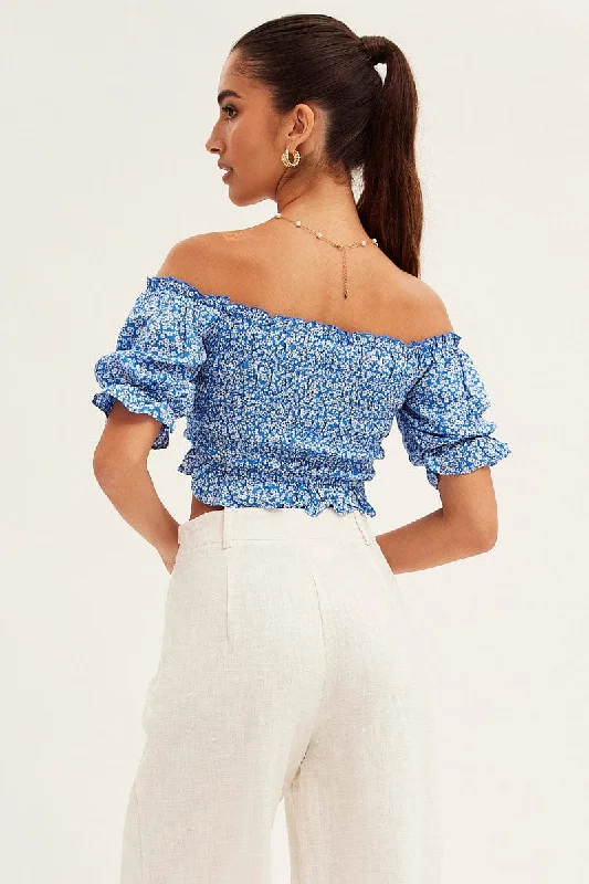 Ditsy Print Shirred Top Short Sleeve Crop Rayon