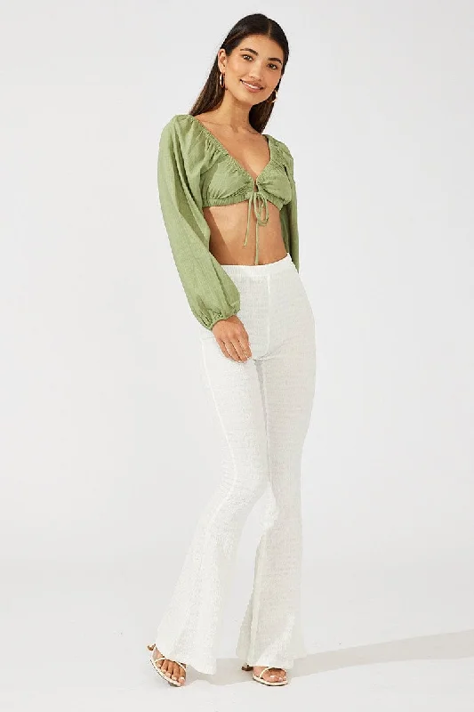 Green Tie Crop Top Long Sleeve