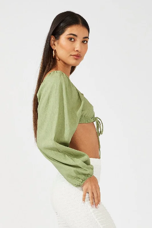 Green Tie Crop Top Long Sleeve