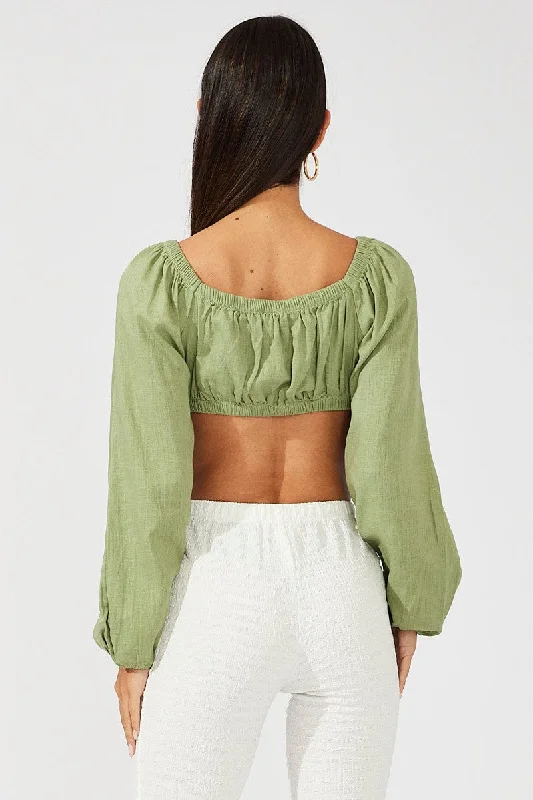 Green Tie Crop Top Long Sleeve