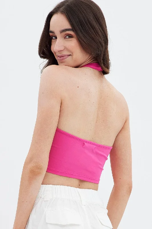 Pink Halter Pinch Crop Top