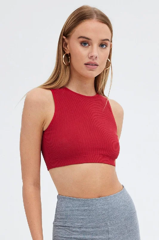 Red Crop Tank Top Crew Neck Seamless