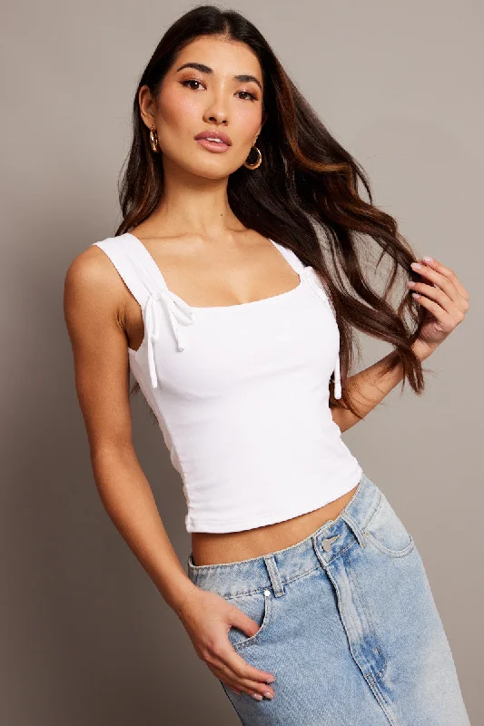 White Crop Top Square Neck With Ribbons