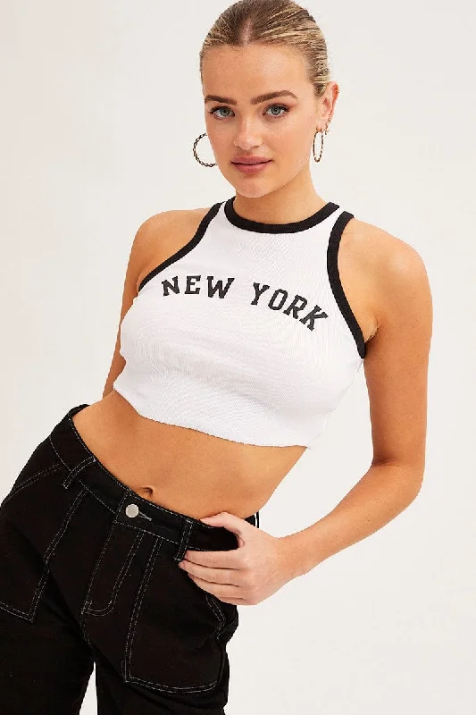 White Tank Top Round Neck Contrast Bind New York Rib