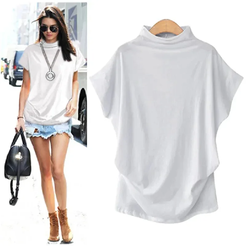 5XL Women Summer T-Shirt Short Batwing Sleeve Loose Solid Gray Turtleneck Tee Sh