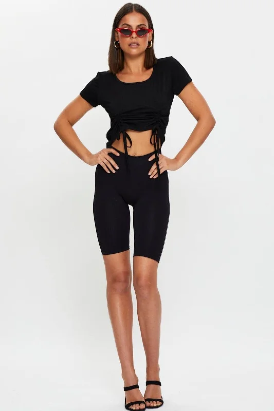 Black Corset Detail Drawstring Top