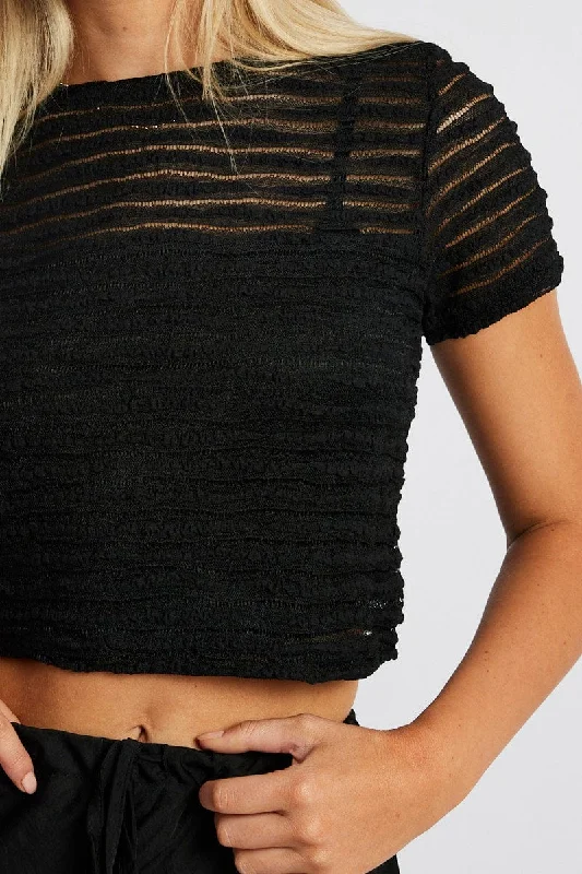 Black Crop Top Short Sleeve Textured