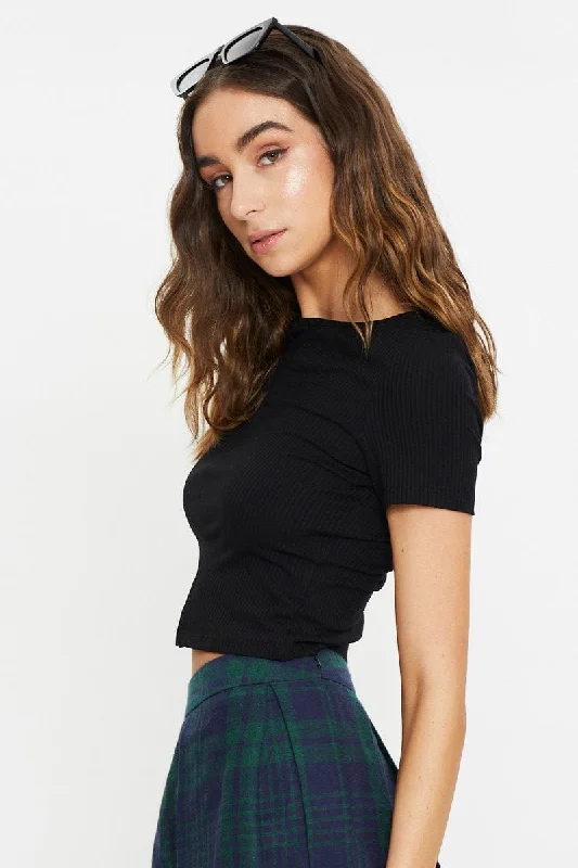 Black Short Sleeve Rib Jersey Split Hem Top