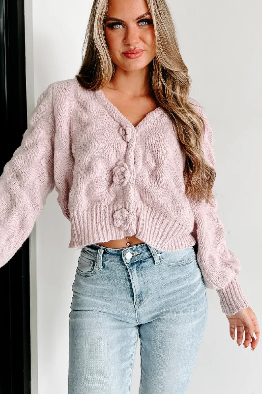 Blossoming Dreams Sweater Cardigan With Flower Buttons (Light Mauve)