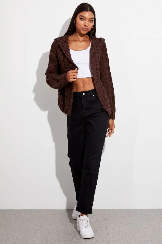 Brown Hooded Cable Knit Cardigan