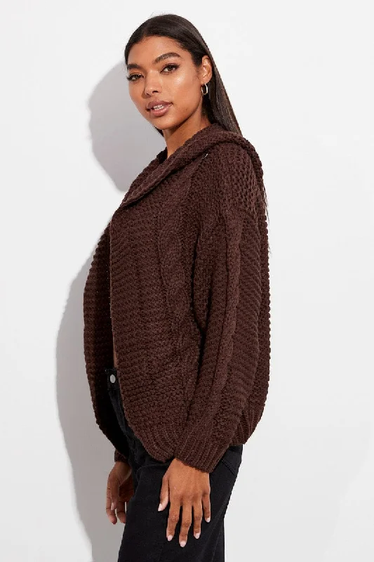 Brown Hooded Cable Knit Cardigan