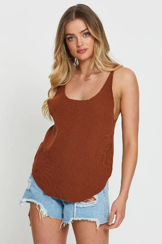 Brown Knit Top V-Neck