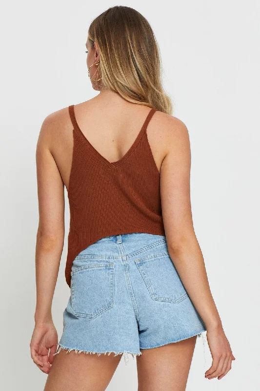 Brown Knit Top V-Neck