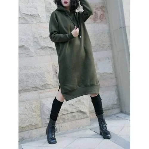 Casual Women Long Sleeve Sweatshirt Solid Color Pockets Dresses