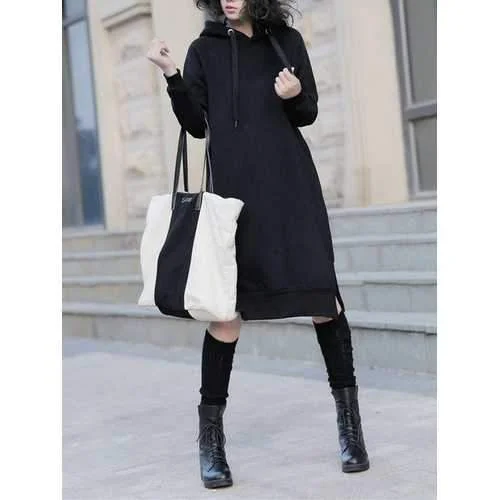 Casual Women Long Sleeve Sweatshirt Solid Color Pockets Dresses