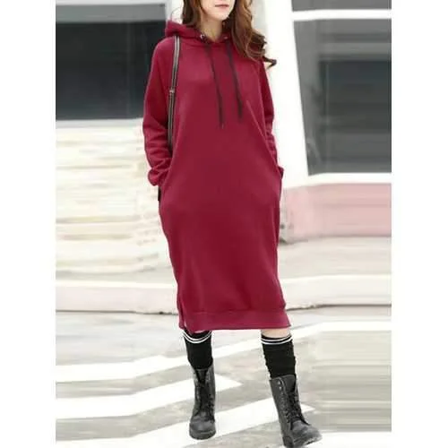 Casual Women Long Sleeve Sweatshirt Solid Color Pockets Dresses