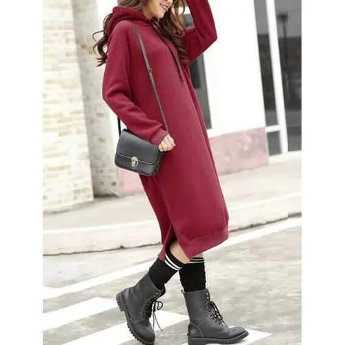 Casual Women Long Sleeve Sweatshirt Solid Color Pockets Dresses