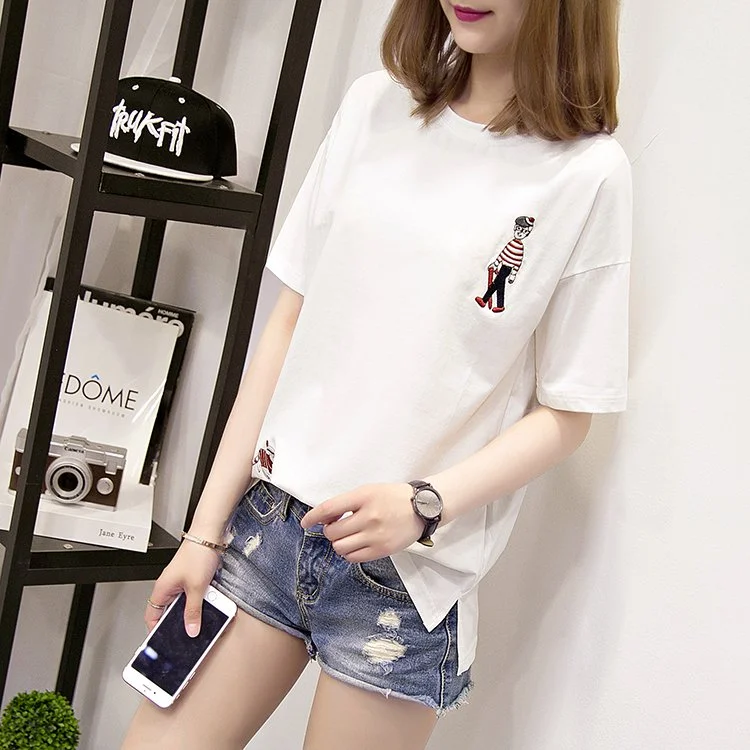 Cartoon Embroidered Shift Casual Shirts & Tops