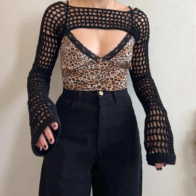 Hollow Out Long Sleeve Mesh Cropped Fishnet Crochet Women's Shrug Crop Top