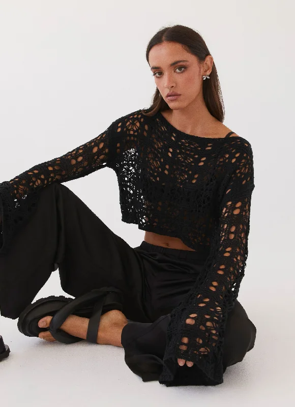 Free Mind Crochet Long Sleeve Top - Black