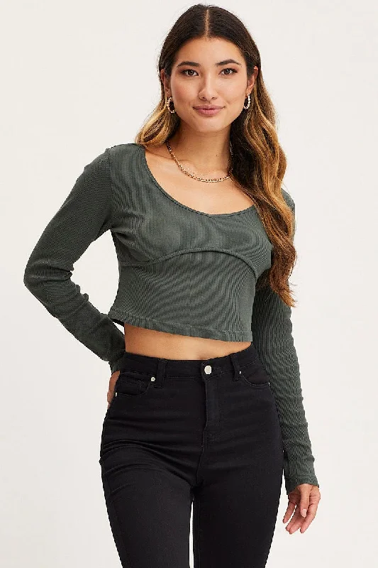 Green Top Long Sleeve Round Neck