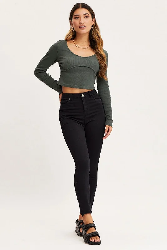 Green Top Long Sleeve Round Neck