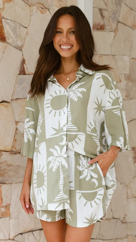 Ipanema Button Up Shirt - Green Palms