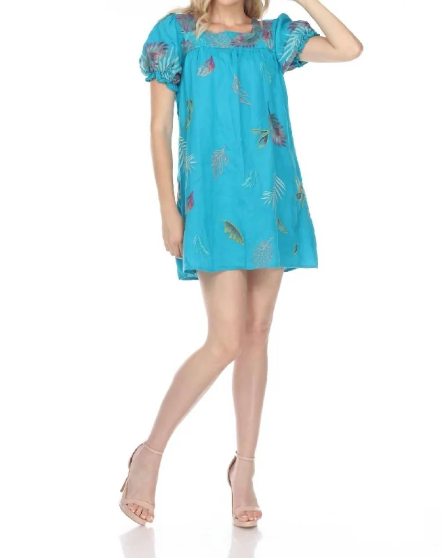 Kaluhi Puff Sleeve Tunic Dress In Lake Blue