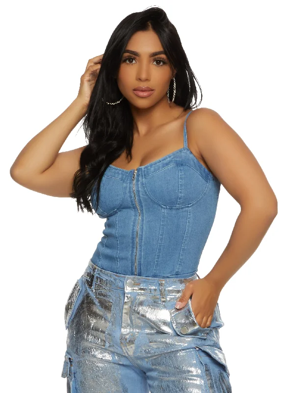 Iris Denim Zip Front Bustier Bodysuit