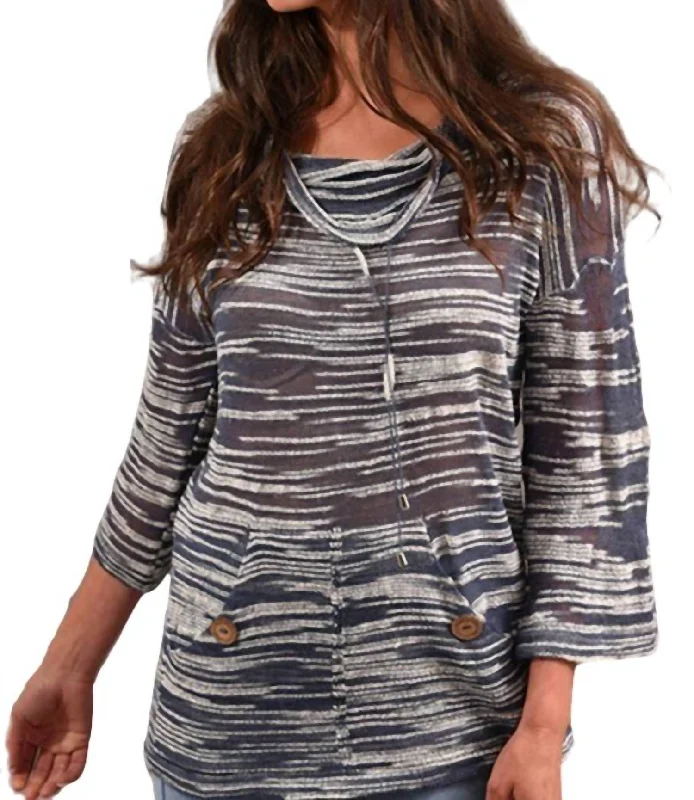 Pocket Cowl Neck 3/4 Sleeve Tunic In Denim