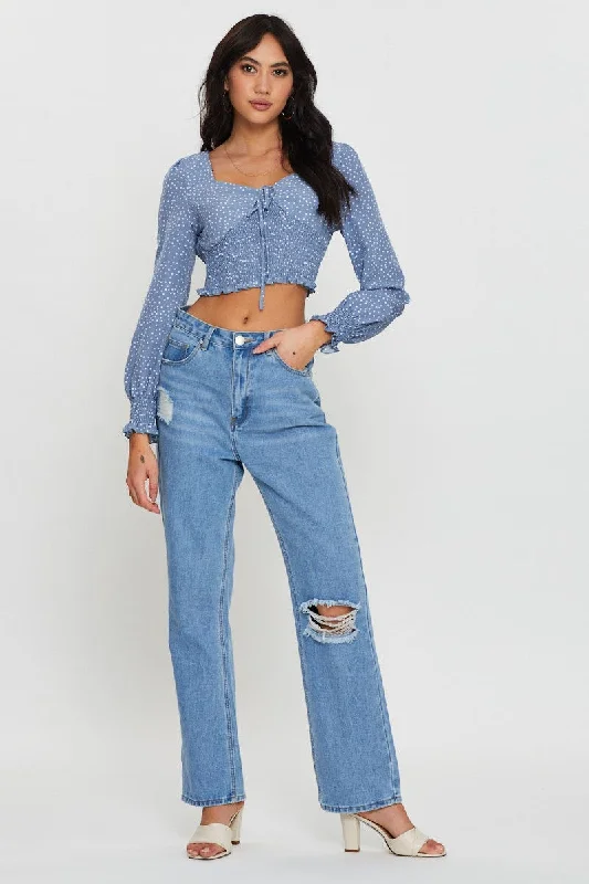 Print Crop Top Long Sleeve Square Neck