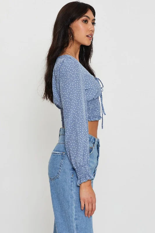 Print Crop Top Long Sleeve Square Neck