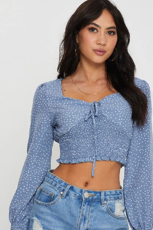 Print Crop Top Long Sleeve Square Neck