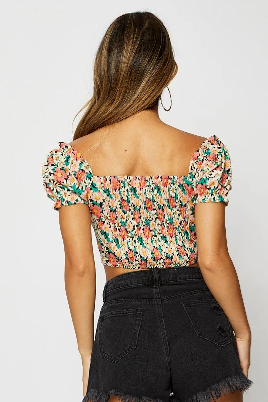 Print Crop Top Off Shoulder Short Sleeve