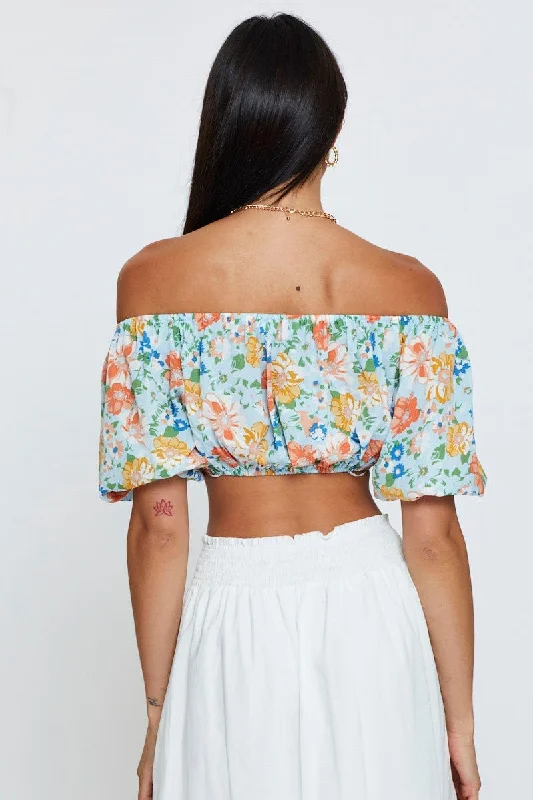 Print Top Short Sleeve Crop Off Shoulder