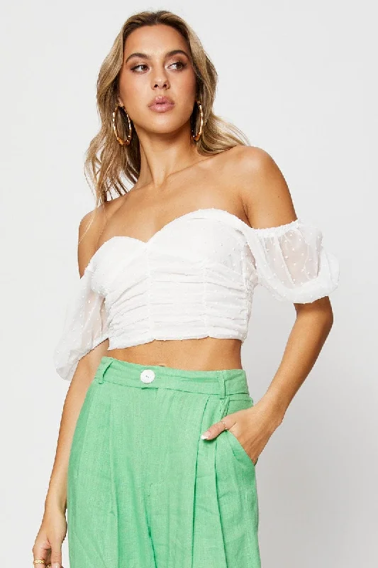 White Crop Top Short Sleeve Off Shoulder