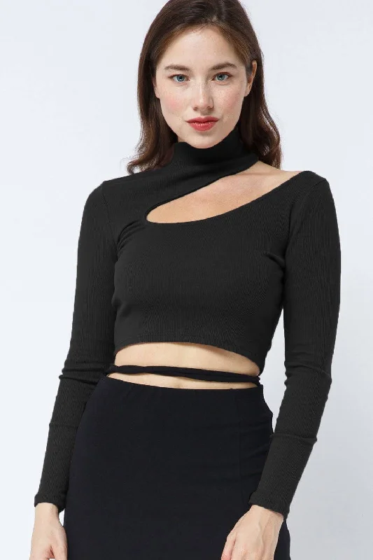 City Mock Neck Cut-Out Long Sleeve Crop Top