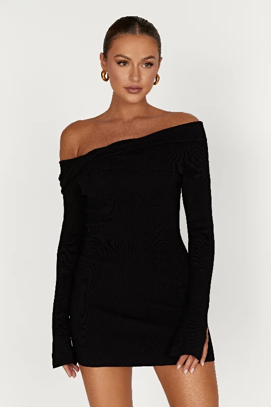 Clover Off Shoulder Knit Mini Dress - Black