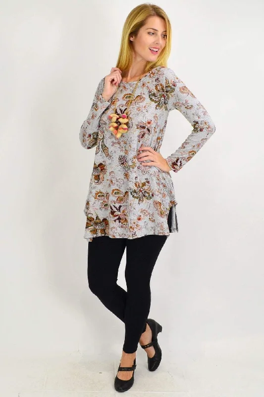 Grey Paisley Floral Fleece Tunic Top