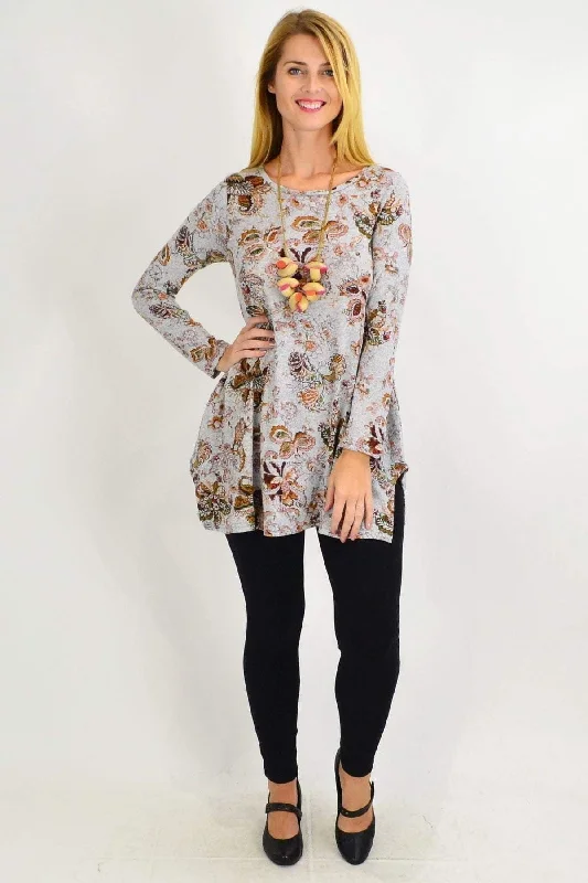 Grey Paisley Floral Fleece Tunic Top