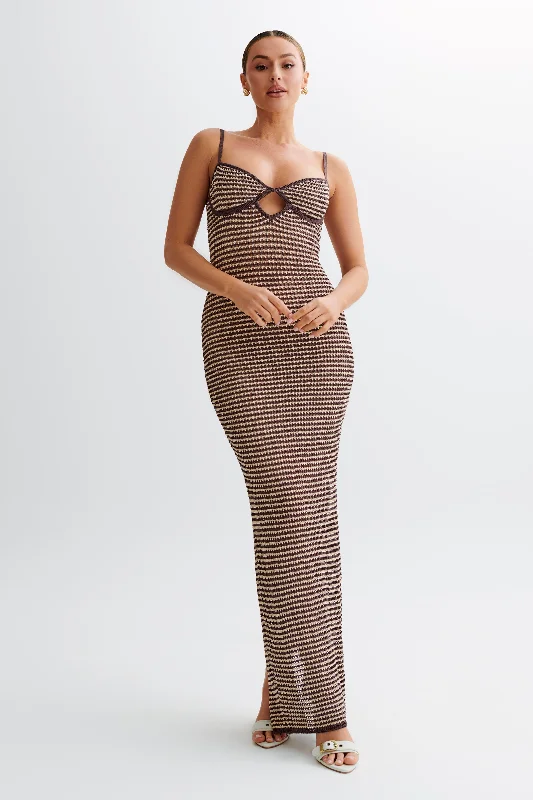 Jeannie Stripe Cupped Knit Maxi Dress - Chocolate/Nude