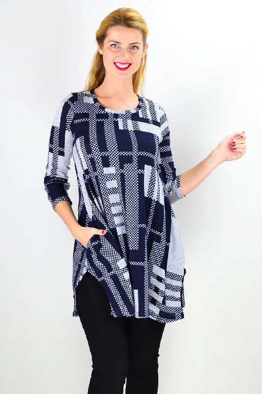 Navy Blue Grey Knit Tunic Top