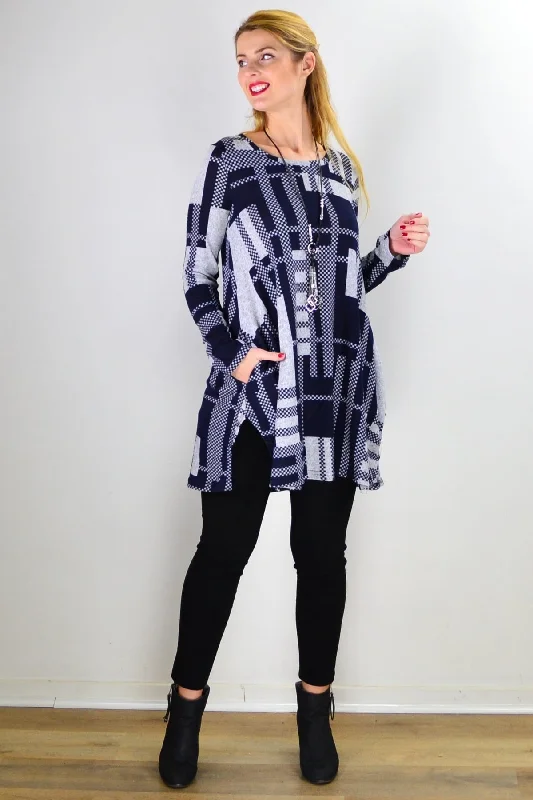 Navy Blue Grey Knit Tunic Top