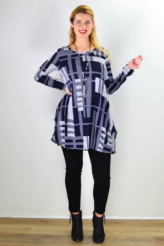 Navy Blue Grey Knit Tunic Top