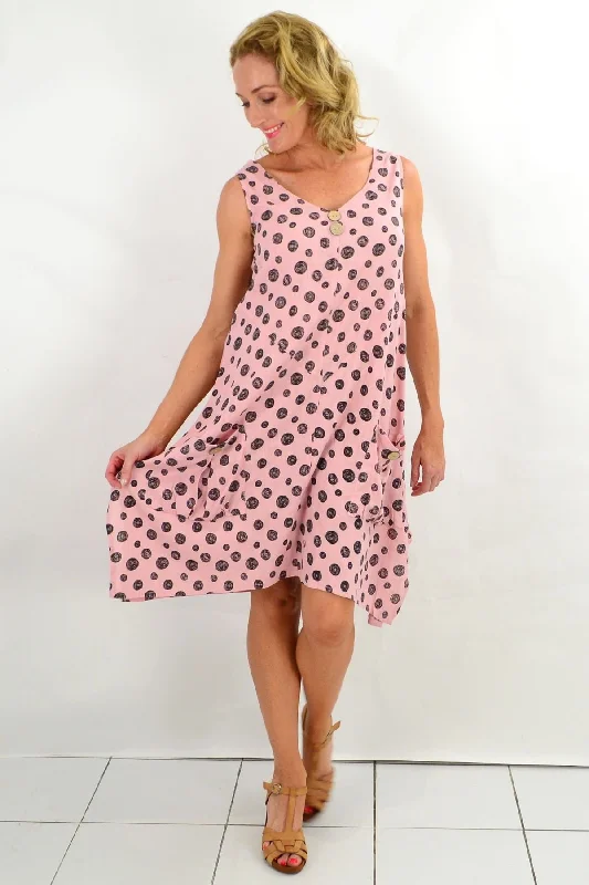 Pink Happy Black Dots Sleeveless Tunic Dress